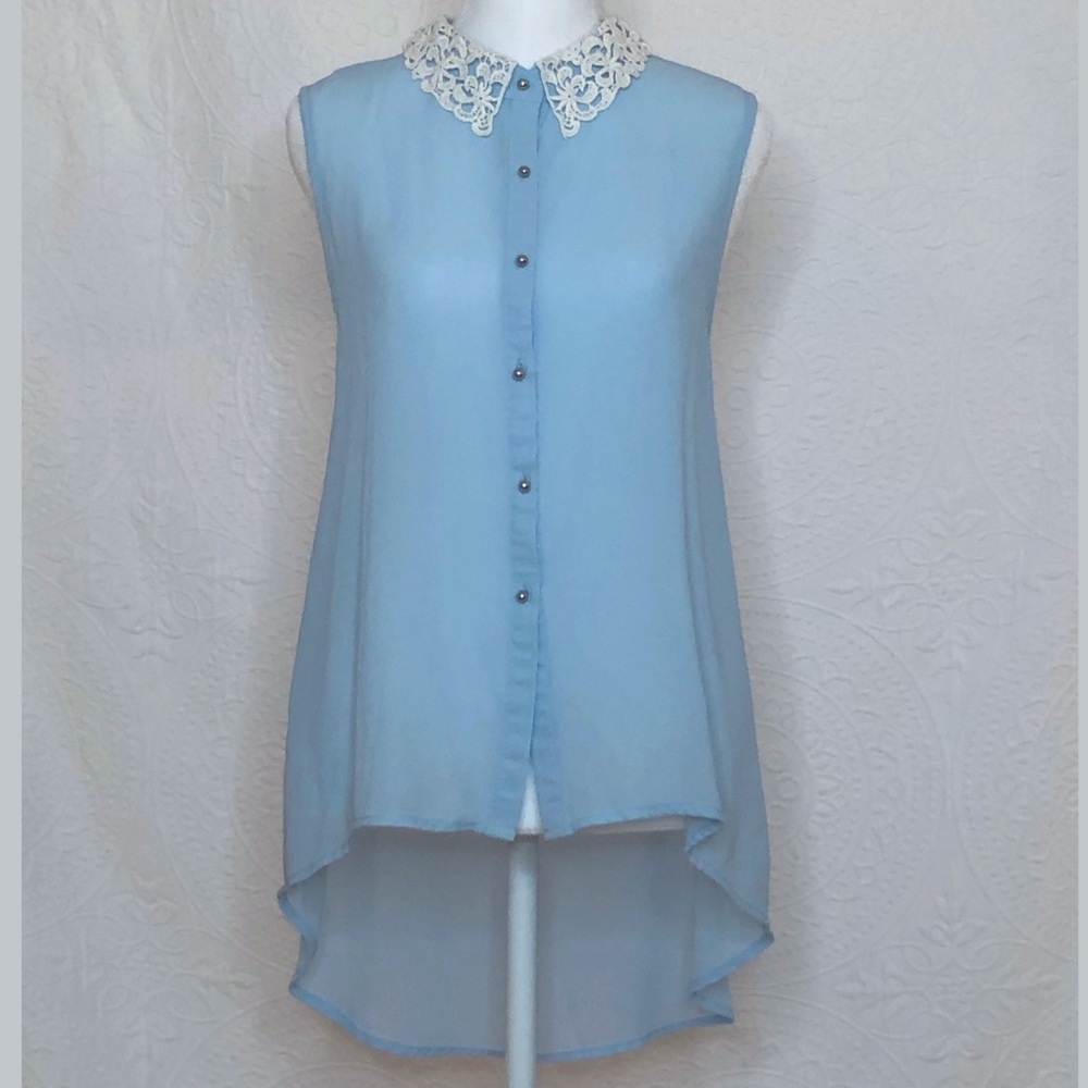 RD Style Blue Sleeveless Blouse with Lace Collar